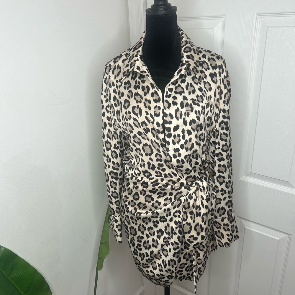 Zara Beige and Black Leopard Print Wrap Dress
